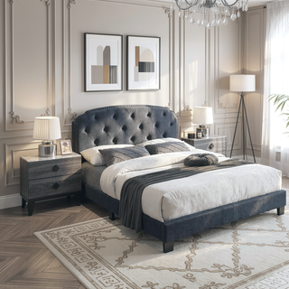 Sunvega Queen Size Charcoal Burlap Button Tufted Headboard Bed with Nailhead Trim