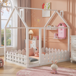Sunvega Full Size Wood Playhouse Bed Frame with Fence for Kids and Teens