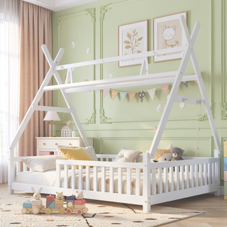 Sunvega Full Size Low Profile House Bed with LED Light Roof and Safety Fence