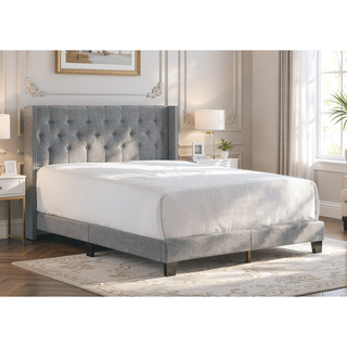 Sunvega Gray Polyester Fabric Wingback Bed with Button-tufted Details and Nailhead Trim