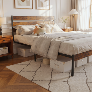 Sunvega Queen Size Rustic Wood Headboard and Footboard Iron Platform Bed Frame