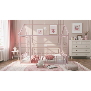 Sunvega Full Size Playhouse Metal Bed Frame with Fence for Kids and Teens