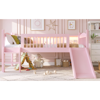 Sunvega Twin Loft Bed with Storage Shelves, LED Lights and Full Guardrails, Pink