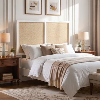 Sunvega White Painted Cane Panel Coastal Queen Full Headboard with Adjustable Height
