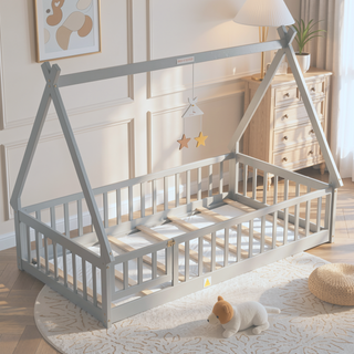 Sunvega Twin Tent Teepee Bed with Guardrails Slats in Grey