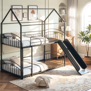 Sunvega Twin Over Twin Metal Bunk Bed With Slide And Removable Playhouse Roof