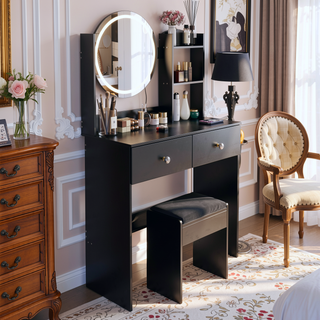 Sunvega 17 Inch Round LED Vanity Table Set with Cushioned Stool and Touch Control Mirror