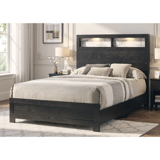 Sunvega Contemporary King Size Panel Bed Headboard with LED Sleek Sloping Design Black Finish