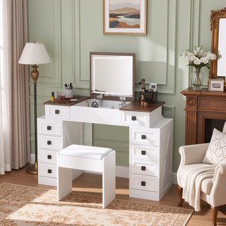 Sunvega Dimmable LED Vanity Desk with Flip Up Mirror and 10 Drawers