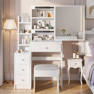 Sunvega Small Space Left Bedside Cabinet Vanity Table with Cushioned Stool