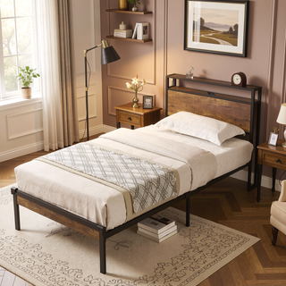 Sunvega Modern Metal Platform Bed Frame with Wooden Headboard and Footboard for Queen Size