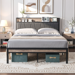 Sunvega Full Size Metal Platform Bed Frame with Upholstery Storage Headboard and Footboard
