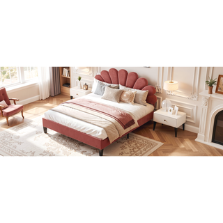 Sunvega Queen Size Upholstered Platform Bed with Flower Pattern Velvet Headboard
