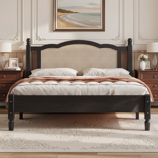 Sunvega Queen Size Wooden Platform Bed with Natural Rattan Headboard and Wooden Slat Support