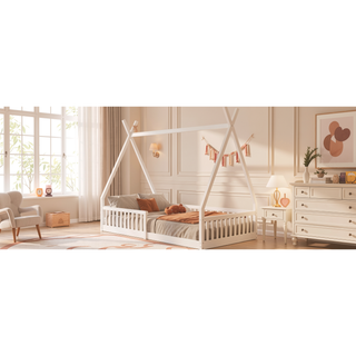 Sunvega White Distressed Washed Wood House Bed with Fence for Kids Twin Size
