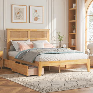 Sunvega Full Size Bed with Rattan Headboard Two Storage Drawers and Enhanced Support Slats
