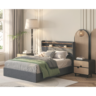 Sunvega Queen Upholstered Bed Frame with Headboard LED Lights Charging Station and 4 Storage Drawers