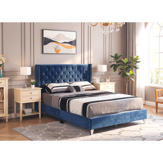 Sunvega Transitional Upholstered Bed in Navy Blue with Soft and Sturdy Materials