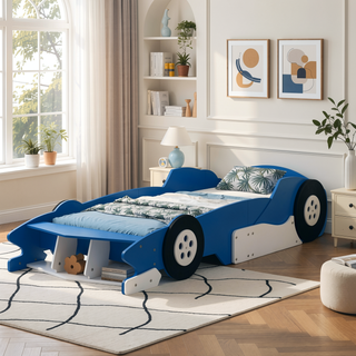 Sunvega Twin Size Race Car Platform Bed with Wheels and Safety Rails