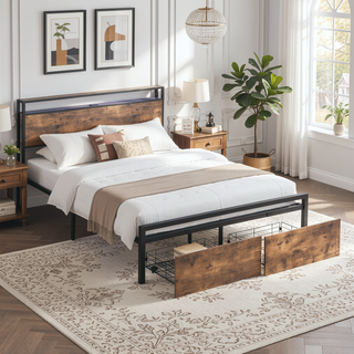 Sunvega Queen Size RGB LED Bed Frame with Storage Headboard and Charging Station