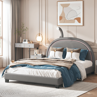 Sunvega Full Size Upholstered Leather Platform Bed with Rabbit Ornament and High Load Capacity