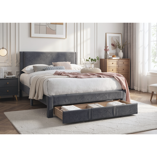 Sunvega Modern Charcoal Corduroy Upholstered Queen Size Platform Bed with Storage Drawer
