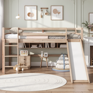 Sunvega Grey Twin Low Loft Bed with Slide, Ladder, and Safety Guardrails