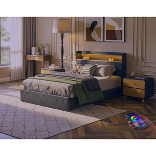 Sunvega Queen Upholstered Bed Frame with Headboard LED Lights Charging Station and 4 Storage Drawers