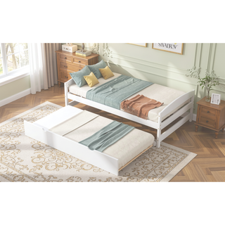 Sunvega White Twin Size Platform Bed with Trundle and Headboard Footboard