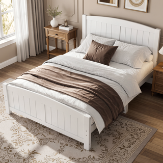 Sunvega White Solid Wood Queen Platform Bed with Slats No Box Spring Needed