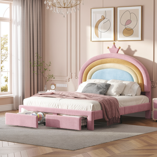 Sunvega Full Size Velvet Upholstered Rainbow Princess Platform Bed with Storage Drawer