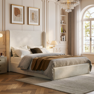 Sunvega Minimalist Upholstered Wingback Bed Frame with 54 Inch Headboard in Textured Ivory Canvas Chenille