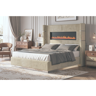 Sunvega Queen Size Upholstered Bed with Electric Fireplace and Bluetooth Speakers in Gray Velvet