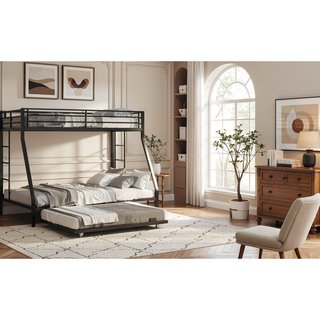 Sunvega High-Stability Square Tube Bunk Bed with Ladder & Rolling Trundle for Home Dormitory