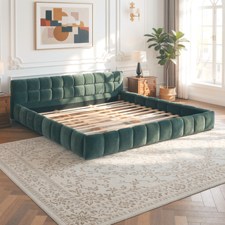 Sunvega Grounded California King Upholstered Bed Frame with Soft Chenille Fabric Headboard