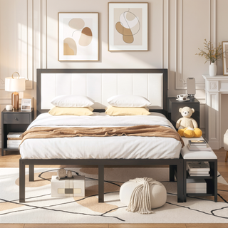 Sunvega Full Size Metal Platform Bed with Two Tier Storage Shelves and Wooden Cabinet
