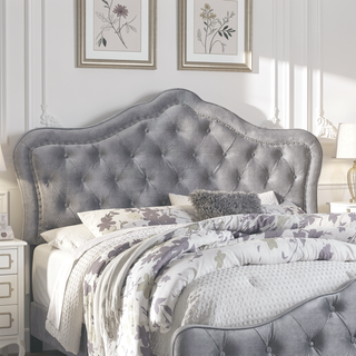 Sunvega Grey Velvet Upholstered Queen Panel Bed with Button Tufting and Chrome Nailheads