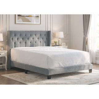 Sunvega Gray Polyester Fabric Wingback Bed with Button-tufted Details and Nailhead Trim