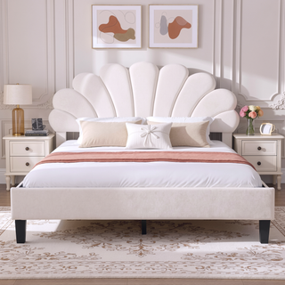 Sunvega Queen Size Upholstered Platform Bed with Flower Pattern Velvet Headboard