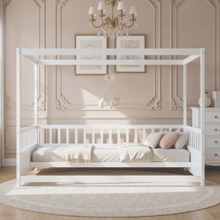 Sunvega Twin Size Floor Bed with Canopy Design and Guardrails for Kids