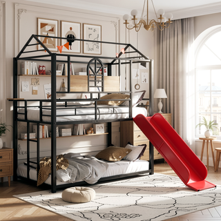 Sunvega Twin Over Twin Metal Bunk Bed With Slide And Playhouse Design In Three Colors