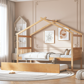 Sunvega Twin Size Wooden House Bed with Trundle and Headboard for Kids Room