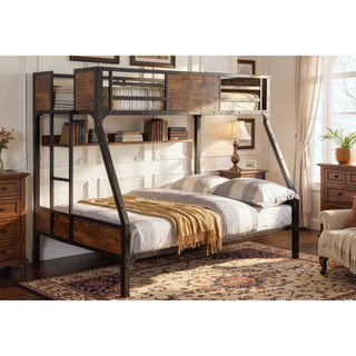 Sunvega Industrial Black Metal Bunk Bed With Wood Panels And Attached Ladder