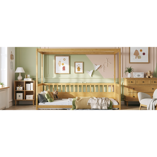 Sunvega Kids Twin Size Floor Canopy Bed with Guardrails and Four Poster Design