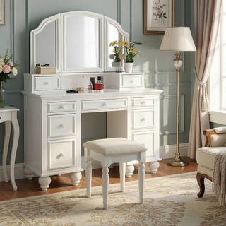 Sunvega Transitional White Vanity Set with Stool Knob Handles Storage Drawers