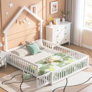 Sunvega White Wood House Platform Bed with Guardrail for Kids Full Size