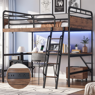 Sunvega Full Metal Loft Bed with Desk, LED Lights, Charging Station, and Safety Stairs