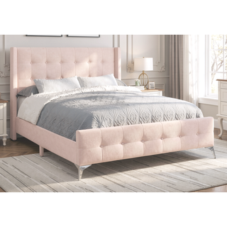 Sunvega Chic Pink Velvet Upholstered Queen Size Platform Bed with Chrome Metal Legs