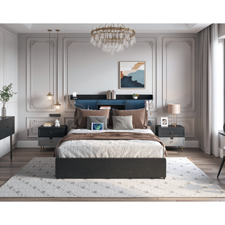 Sunvega Queen Storage Bed Frame with Headboard Charging Station and 4 Drawers