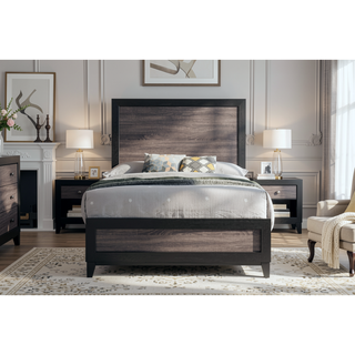 Sunvega Two-Tone Dark Gray and Black Queen Size Bed with Wood Inlay